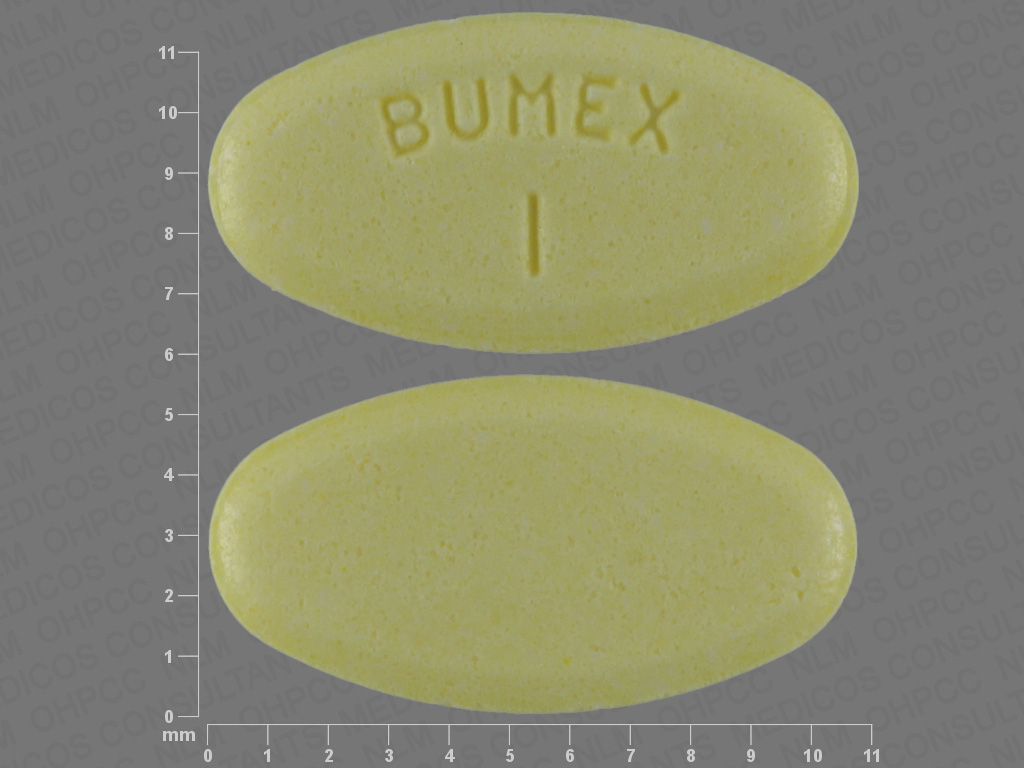 Pill with imprint BUMEX 1, yellow, oval, 11 mm (Bumetanide 1 mg)