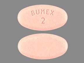 Pill with imprint BUMEX 2, red, oval, 13 mm (Bumetanide 2 mg)