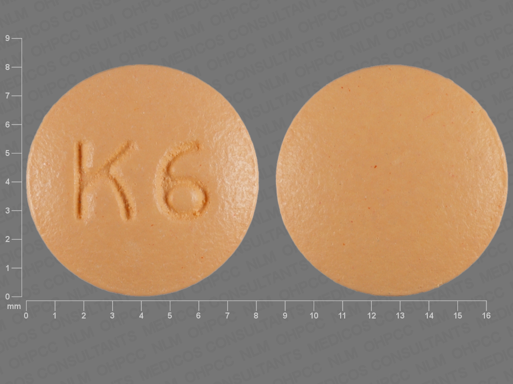 Pill with imprint K 6, orange, round, 8 mm (Cyclobenzaprine Hydrochloride 5 mg)