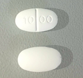 Pill with imprint 10 00, white, round, 19 mm (Metformin Hydrochloride 1000 mg)