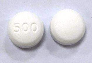 Pill with imprint 500, white, round, 11 mm (Metformin Hydrochloride 500 mg)