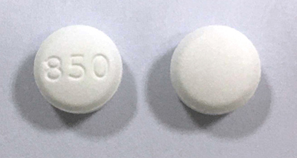 Pill with imprint 850, white, round, 13 mm (Metformin Hydrochloride 850 mg)