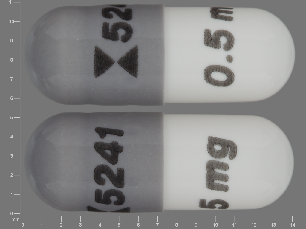 Pill with imprint 5241 0 5 mg, gray & white, capsule, 14 mm (Anagrelide Hydrochloride 0.5 mg)