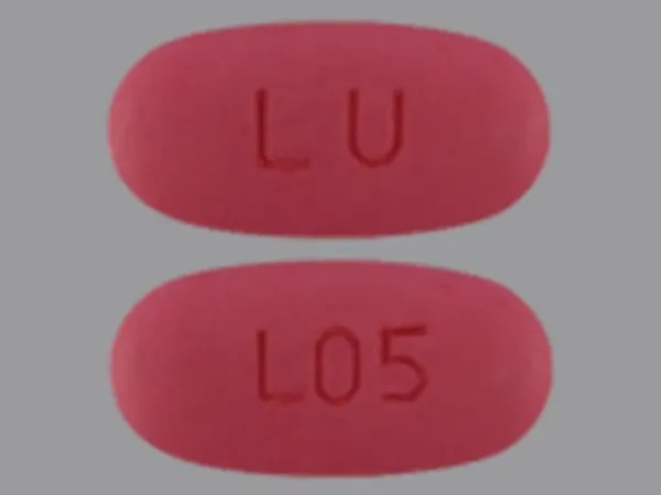 Pill with imprint LU L05, pink, oval, 17 mm (Azithromycin 500 mg)