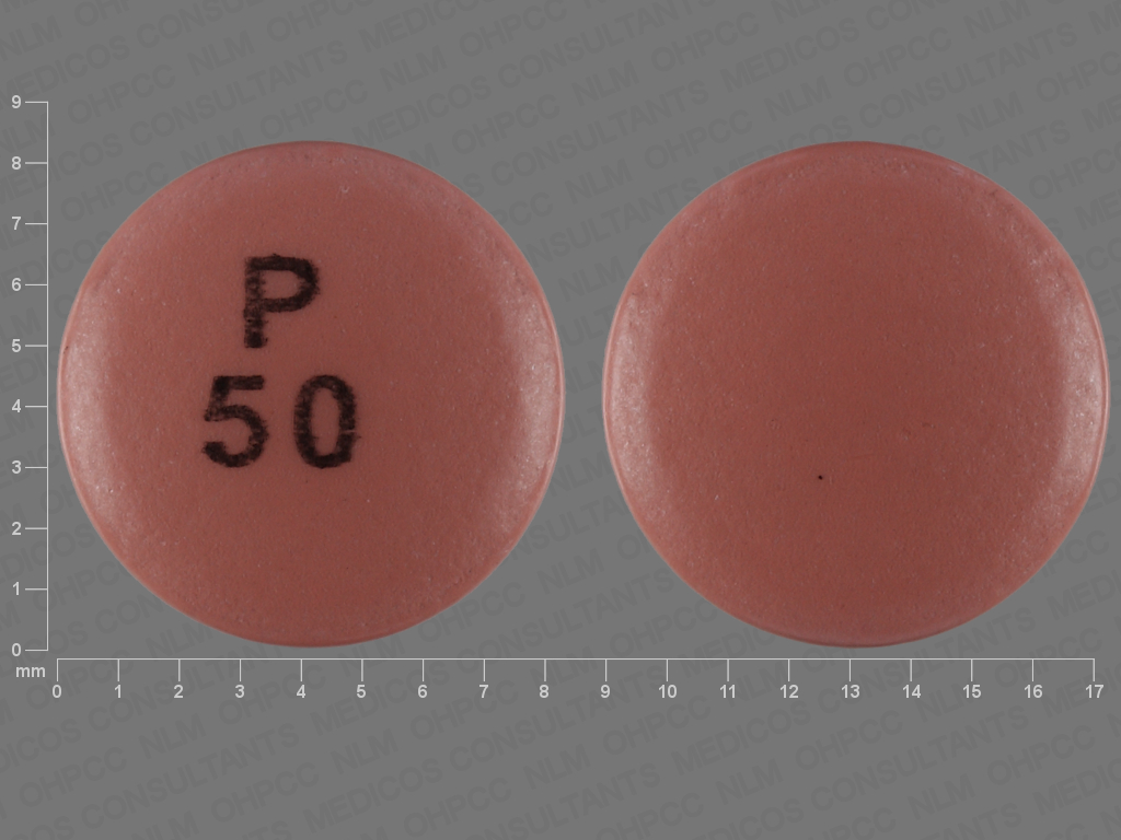 Pill with imprint P 50, brown, round, 8 mm (Diclofenac Sodium 50 mg)