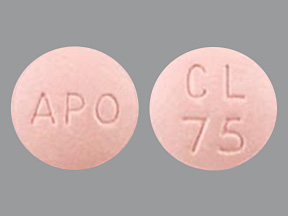 Pill with imprint APO CL 75, pink, round, 9 mm (Clopidogrel Bisulfate 75 mg)