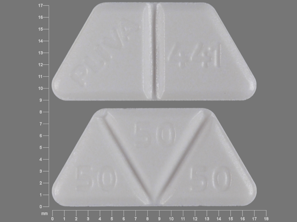 Pill with imprint PLIVA 441 50 50 50, white, trapezoid, 17 mm (Trazodone Hydrochloride 150 mg)