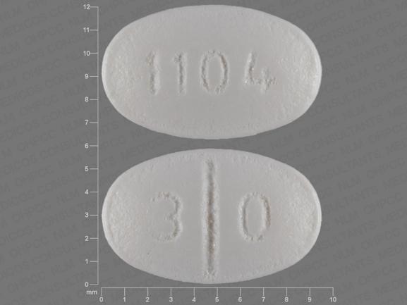 Pill with imprint 3 0 1104, white, oval, 9 mm (Isosorbide Mononitrate 30 mg)
