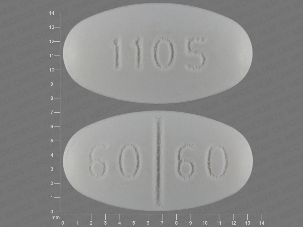 Pill with imprint 60 60 1105, white, oval, 13 mm (Isosorbide Mononitrate 60 mg)