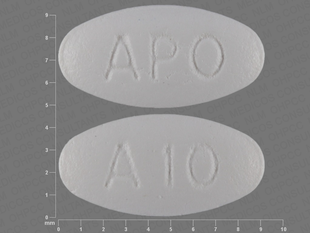 Pill with imprint APO A10, white, oval, 9 mm (Atorvastatin Calcium 10 mg)