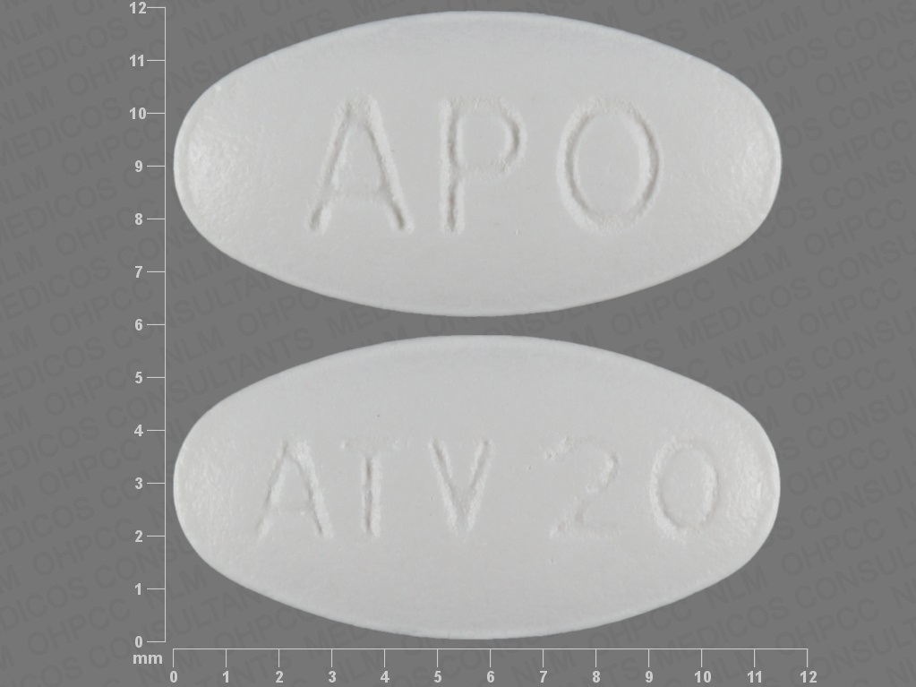 Pill with imprint APO ATV20, white, oval, 11 mm (Atorvastatin Calcium 20 mg)