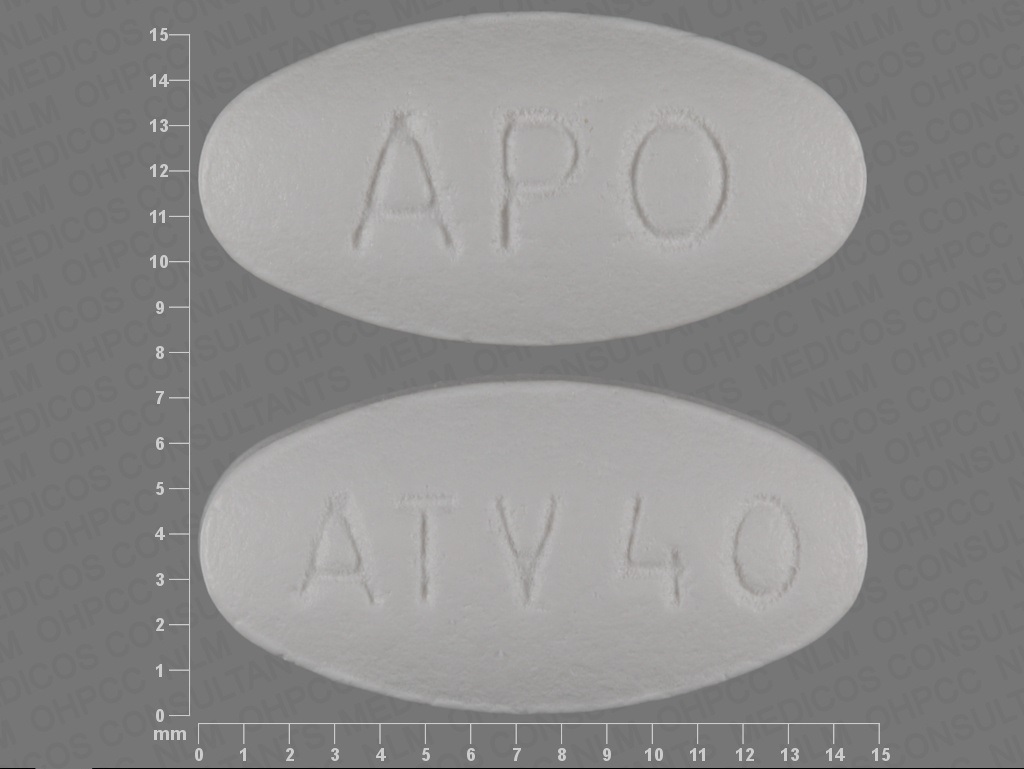 Pill with imprint APO ATV40, white, oval, 14 mm (Atorvastatin Calcium 40 mg)