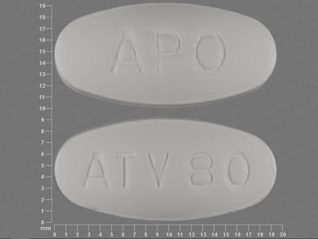 Pill with imprint APO ATV80, white, oval, 19 mm (Atorvastatin Calcium 80 mg)