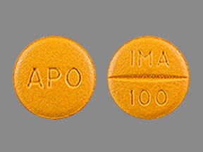 Pill with imprint IMA 100 APO, orange, round, 9 mm (Imatinib Mesylate 100 mg)