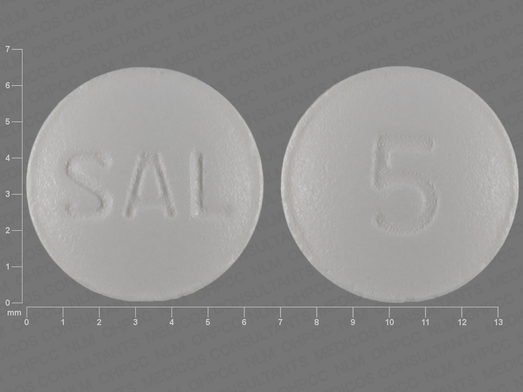 Pill with imprint SAL 5, white, round, 6 mm (Pilocarpine Hydrochloride 5 mg)