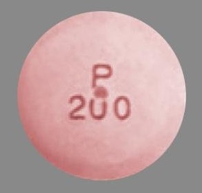 Pill with imprint P200, pink, round, 10 mm (Carbamazepine 200 mg)