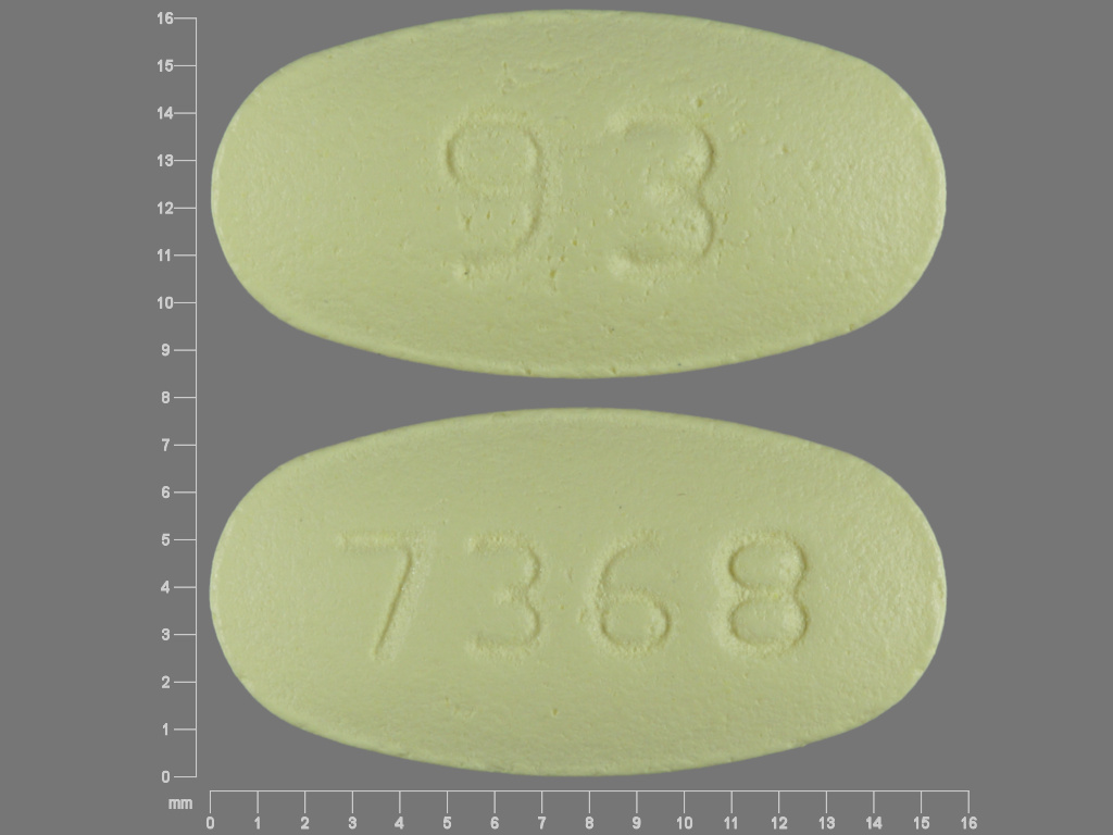 Pill with imprint 93 7368, yellow, oval, 15 mm (Losartan Potassium and Hydrochlorothiazide Losartan Potassium 100 mg / Hydrochlorothiazide 25 mg)
