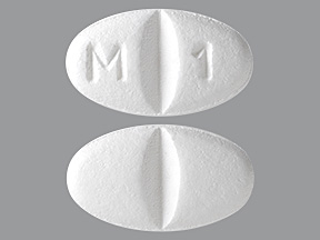 Pill with imprint M 1, white, oval, 10 mm (Metoprolol Succinate 25 mg)