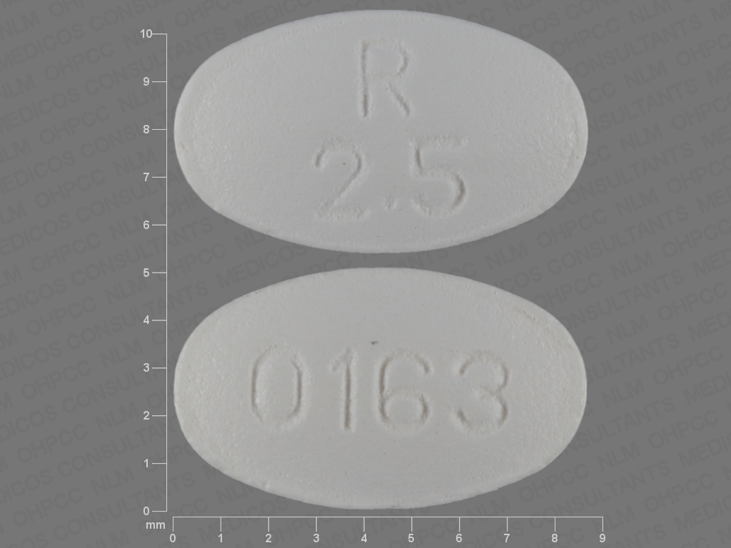 Pill with imprint R 2 5 0163, white, oval, 8 mm (Olanzapine 2.5 mg)