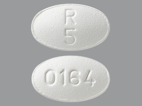 Pill with imprint R5 0164, white, oval, 8 mm (Olanzapine 5 mg)