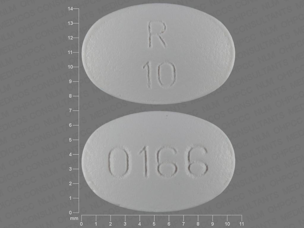 Pill with imprint R10 0166, white, oval, 10 mm (Olanzapine 10 mg)