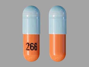 Pill with imprint 266, blue & brown, capsule, 19 mm (Mycophenolate Mofetil 250 mg)