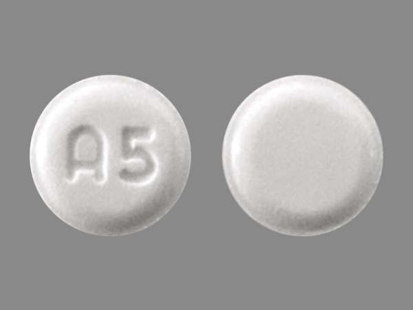 Pill with imprint A5, white, round, 2 mm (Amlodipine Besylate 5 mg)