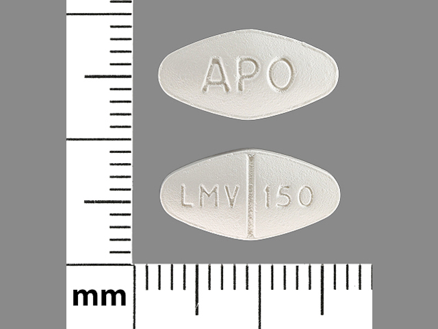 Pill with imprint APO LMV 150, white, diamond, 14 mm (Lamivudine 150 mg)