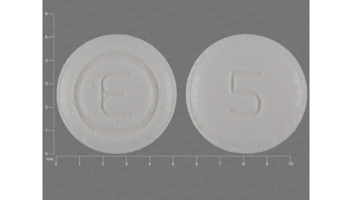Pill with imprint 5 E, white, round, 5 mm (Ondansetron 4 mg)