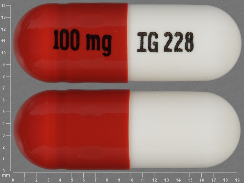 Pill with imprint IG228 100mg, brown & white, capsule, 19 mm (Zonisamide 100 mg)