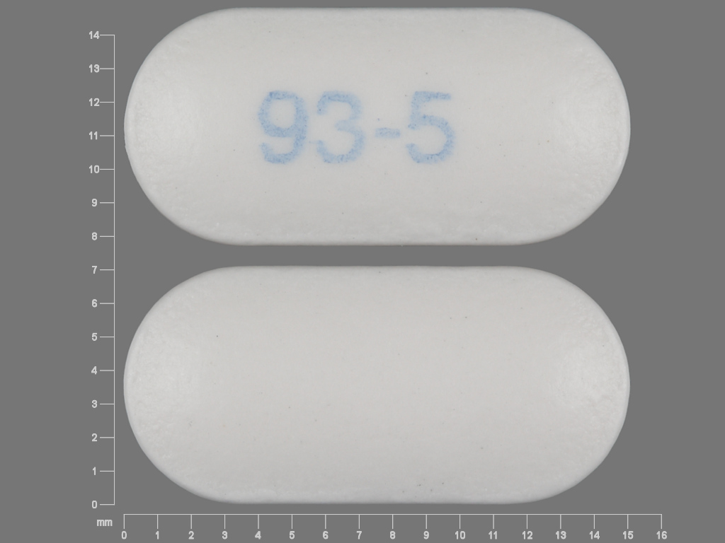 Pill with imprint 93 5, white, oval, 15 mm (Naproxen 375 mg)
