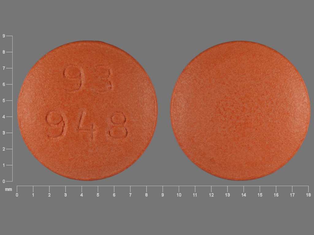 Pill with imprint 93 948, orange, round, 8 mm (Diclofenac Potassium 50 mg)