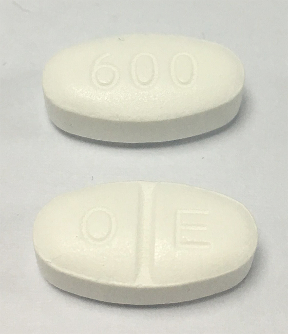 Pill with imprint O E 600, white, oval, 17 mm (Gabapentin 600 mg)