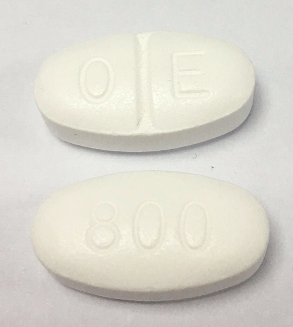 Pill with imprint O E 800, white, oval, 19 mm (Gabapentin 800 mg)