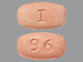 Pill with imprint I 96, pink, rectangle, 8 mm (Aripiprazole 10 mg)
