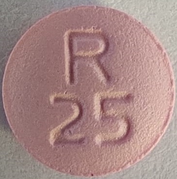 Pill with imprint R25, pink, round, 7 mm (Metoprolol Tartrate 25 mg)