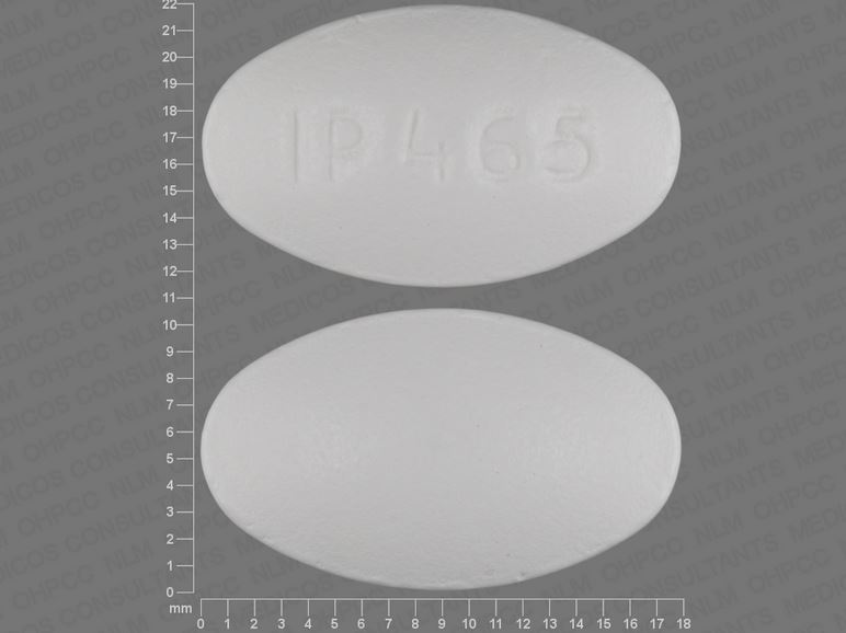 Pill with imprint IP 465, white, oval, 17 mm (Ibuprofen 600 mg)