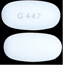 Pill with imprint G447, white, oval, 19 mm (Sevelamer Hydrochloride 800 mg)