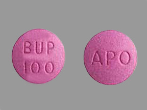 Pill with imprint APO BUP100, purple, round, 12 mm (Bupropion Hydrochloride 100 mg)