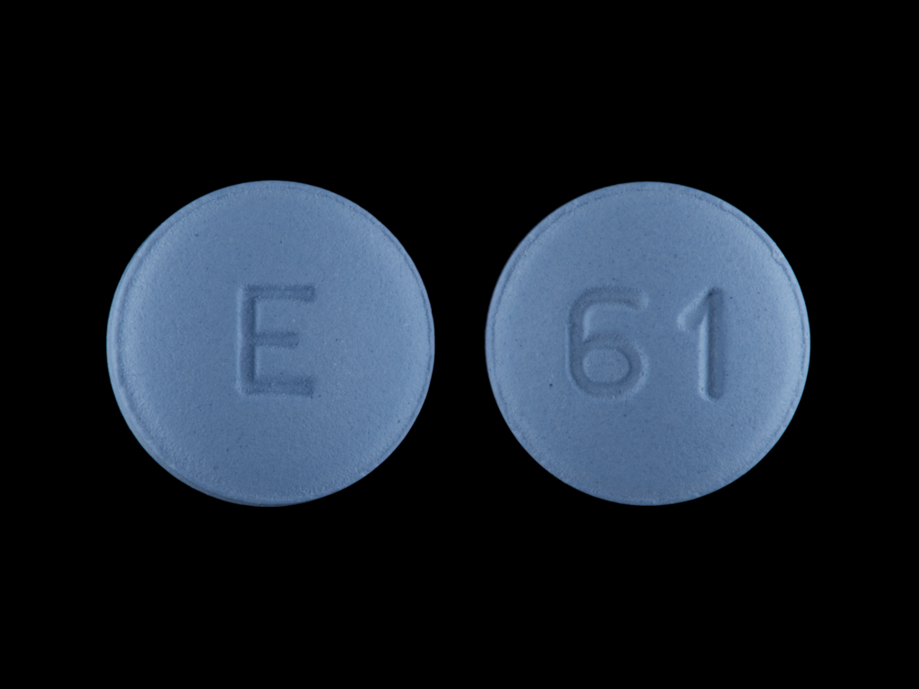 Pill with imprint E 61, blue, round, 8 mm (Finasteride 5 mg)