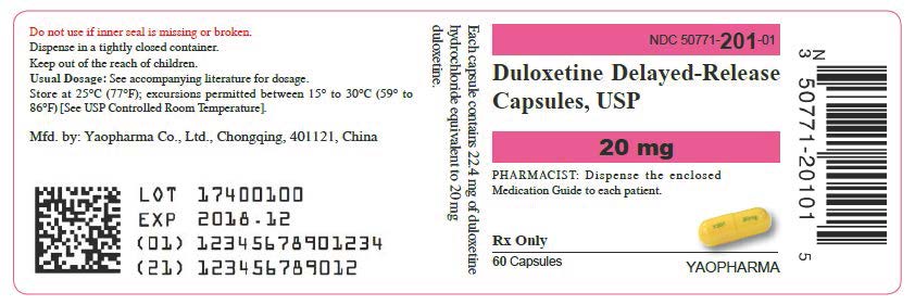 Pill with imprint Y201 20mg, yellow, capsule, 14 mm (Duloxetine Hydrochloride 20 mg)