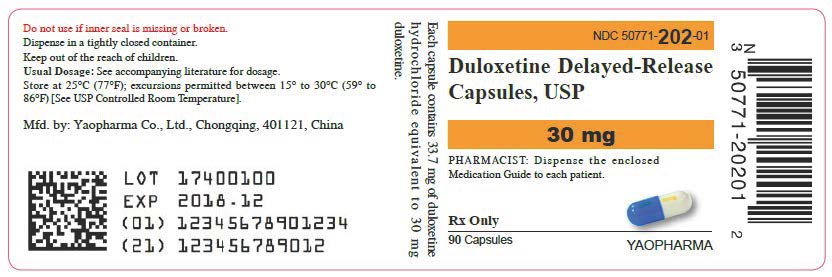 Pill with imprint Y202 30mg, blue & white, capsule, 16 mm (Duloxetine Hydrochloride 30 mg)