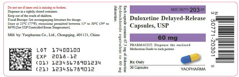 Pill with imprint Y203 60mg, blue & yellow, capsule, 19 mm (Duloxetine Hydrochloride 60 mg)
