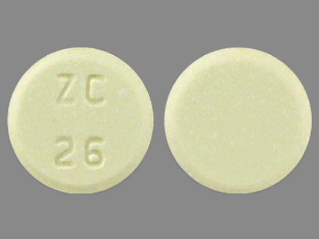 Pill with imprint ZC 26, yellow, round, 8 mm (Meloxicam 15 mg)
