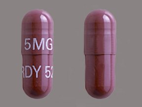 Pill with imprint 5MG RDY527, red, capsule, 14 mm (Tacrolimus 5 mg)