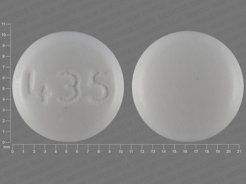 Pill with imprint 435, white, round, 10 mm (Acamprosate Calcium 333 mg)