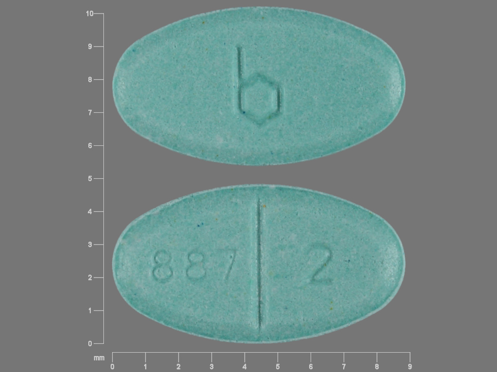 Pill with imprint 887 2 B, green, oval, 9 mm (Estradiol 2 mg)