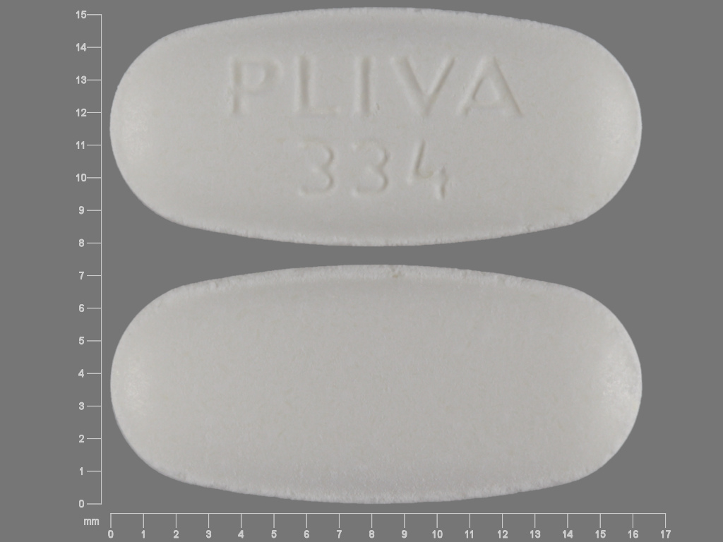 Pill with imprint PLIVA 334, white, oval, 17 mm (Metronidazole 500 mg)
