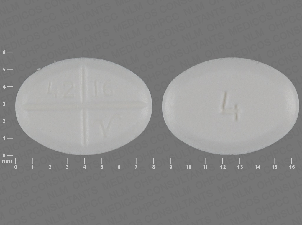 Pill with imprint 42 16 V 4, white, oval, 8 mm (Methylprednisolone 4 mg)