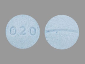 Pill with imprint 020, blue, round, 7 mm (Nadolol 20 mg)